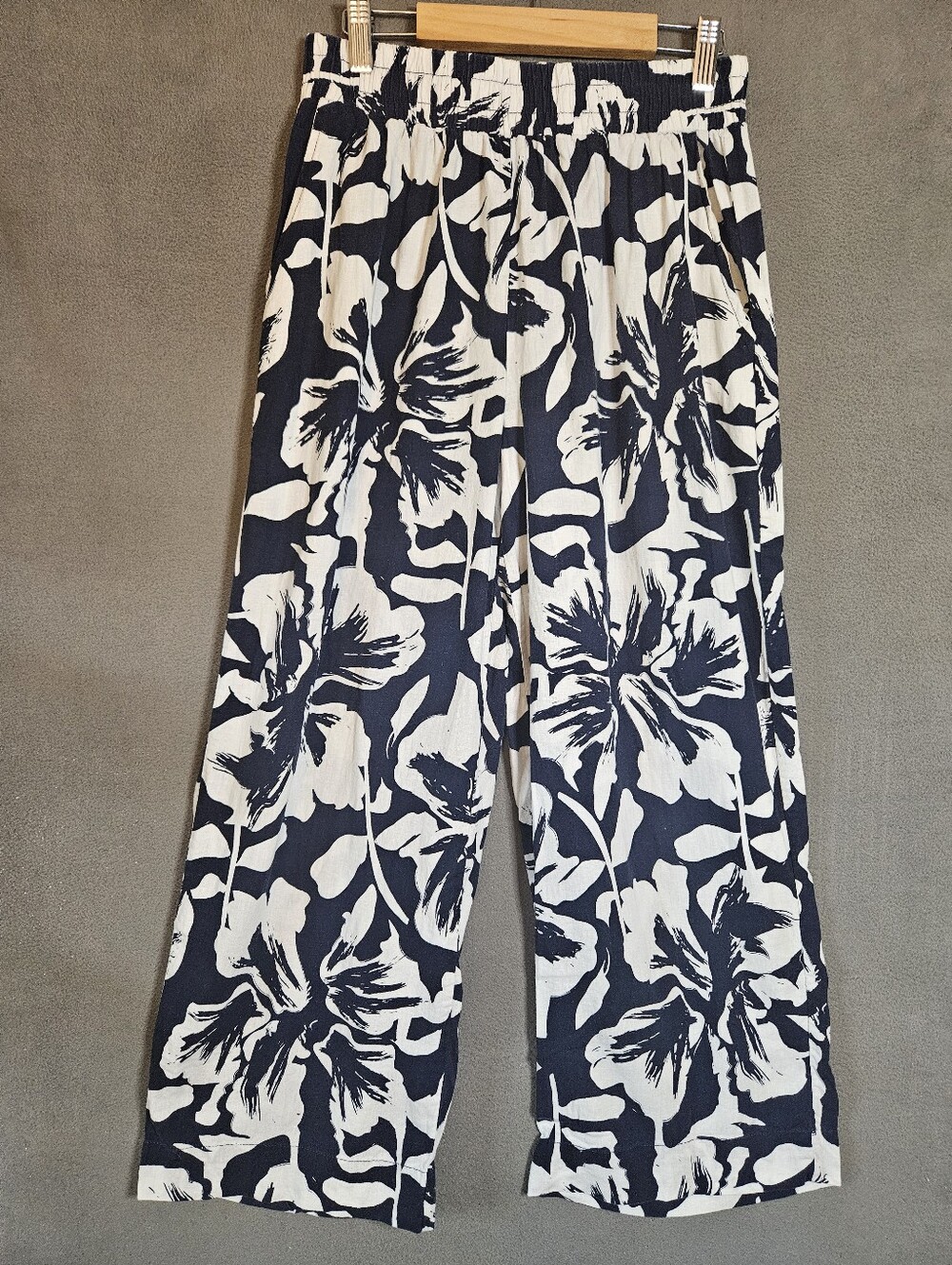Calypso St. Barth Pants Womens Small Navy Floral Wide Leg Linen Blend Coastal